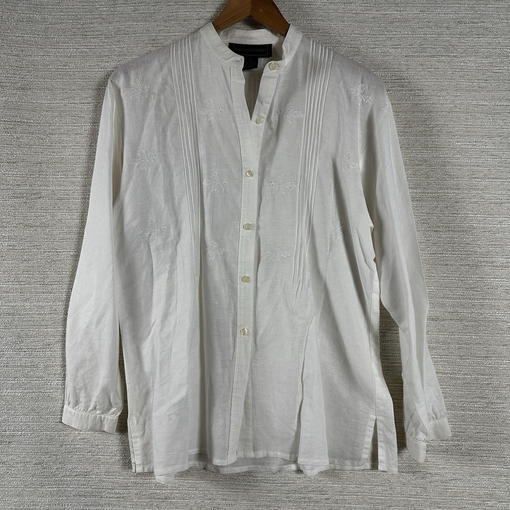 BRITISH KHAKI Women's Vintage 100% White Linen Button Shirt Embroidered Small